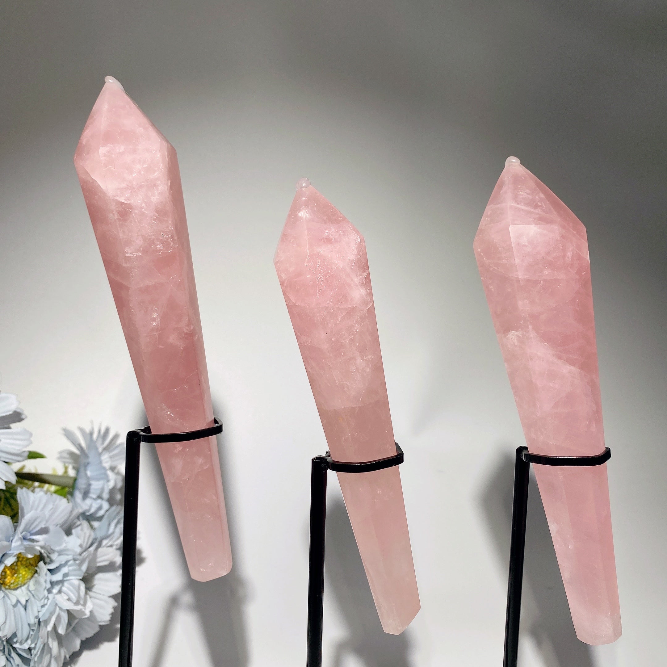 6-8 inch Rose Quartz Healing Crystal Wand with Stand