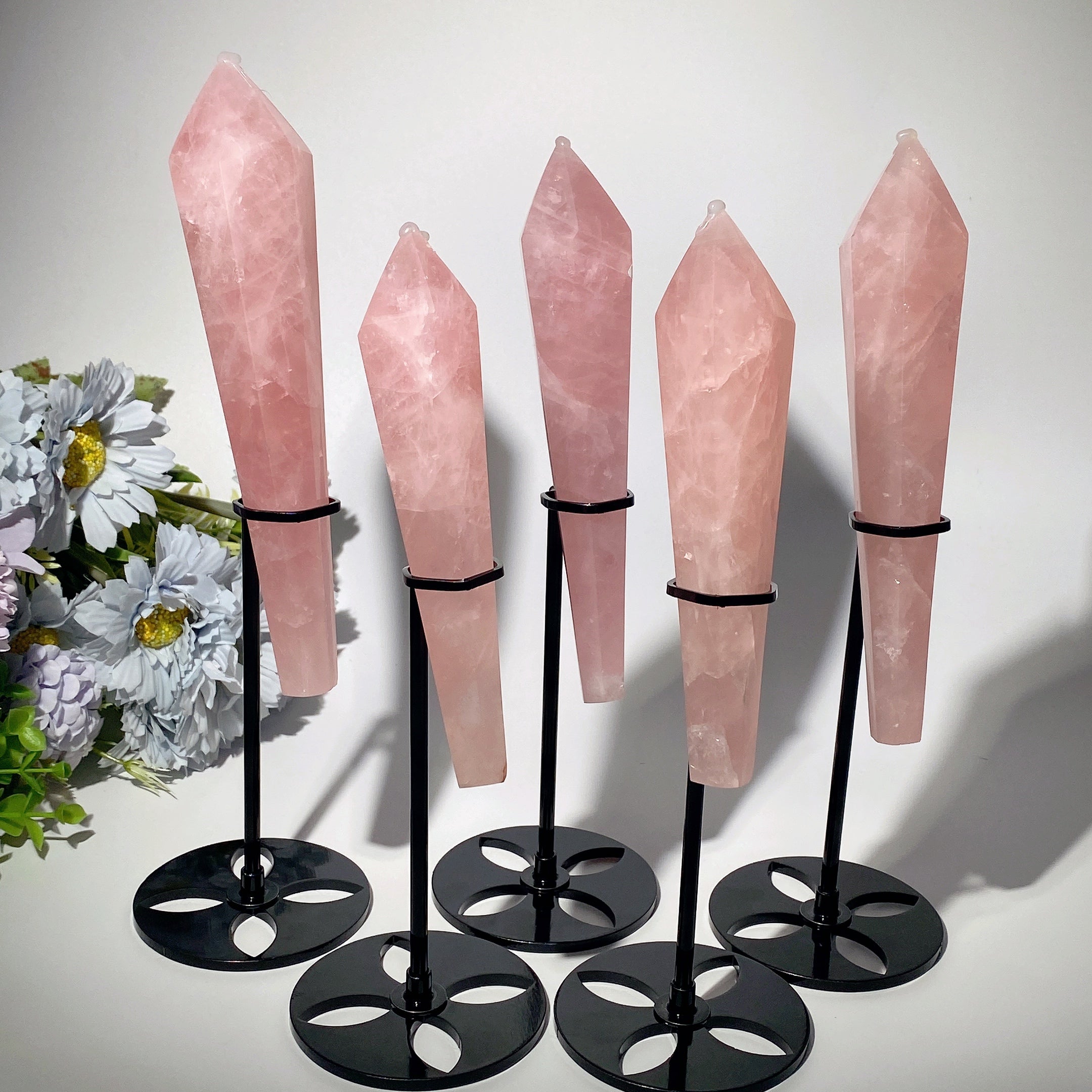 6-8 inch Rose Quartz Healing Crystal Wand with Stand