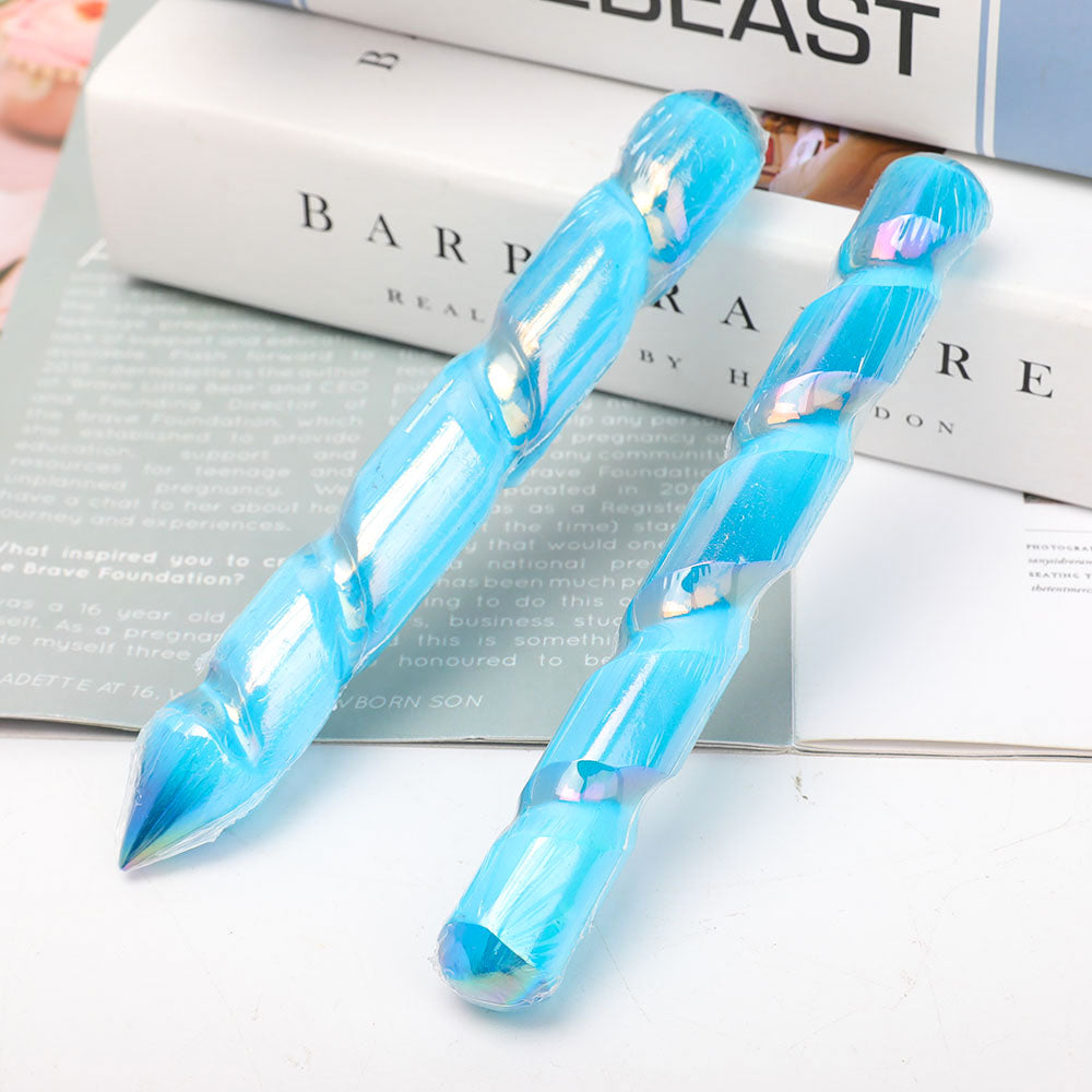 6" Aura Blue Spiral Selenite Crystal Wand Healing Energy
