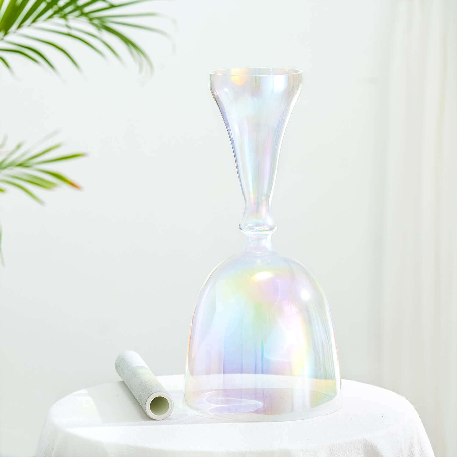 Iridescent glass bell with tall handle in 6’’ Quartz Crystal Chalice Bowl with Handle