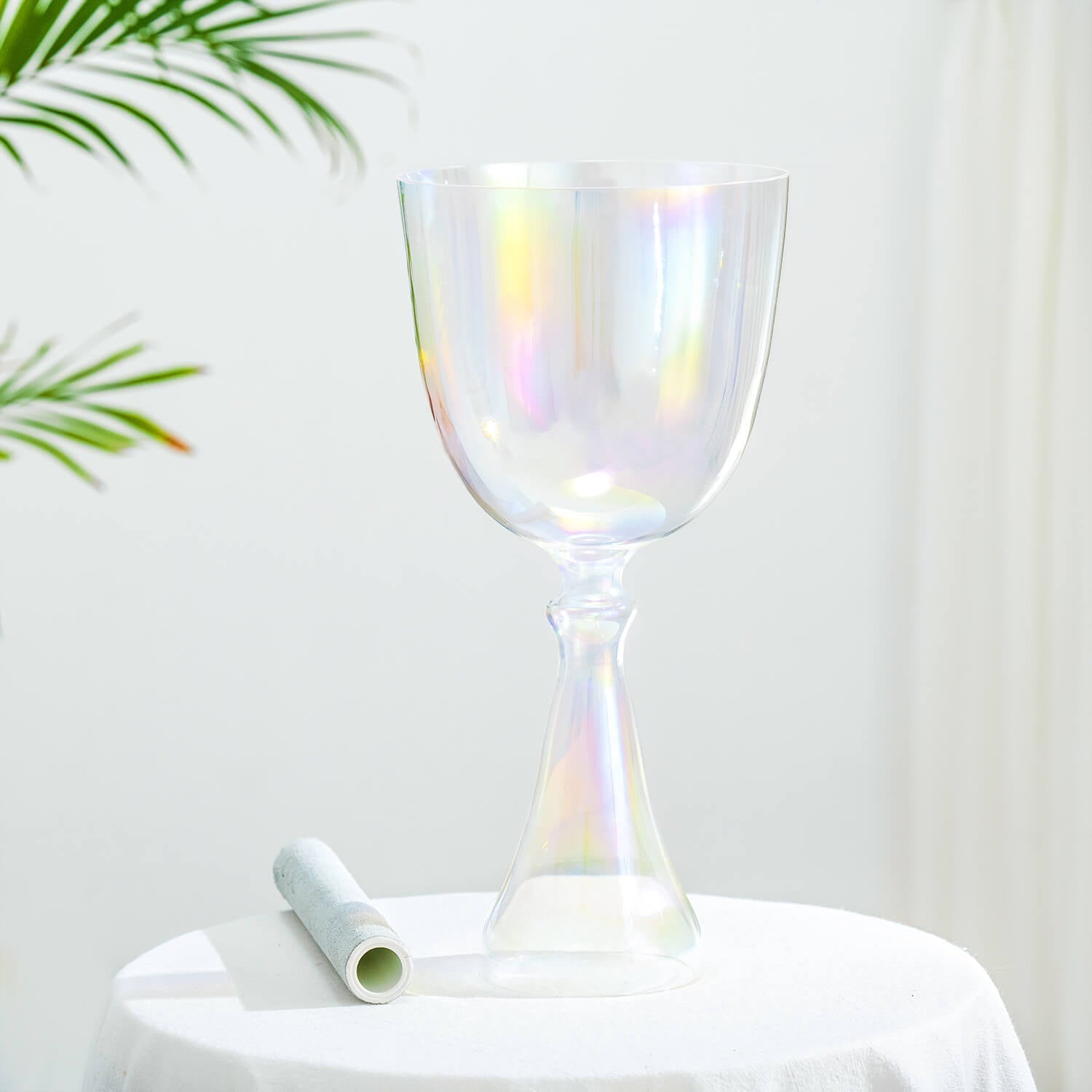 Iridescent glass goblet with stem and base in 6-inch Quartz Crystal Chalice Bowl with Handle