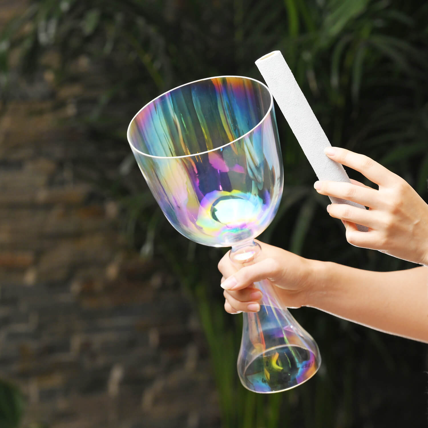 Iridescent rainbow-colored wine glass with holographic finish in Quartz Crystal Chalice Bowl