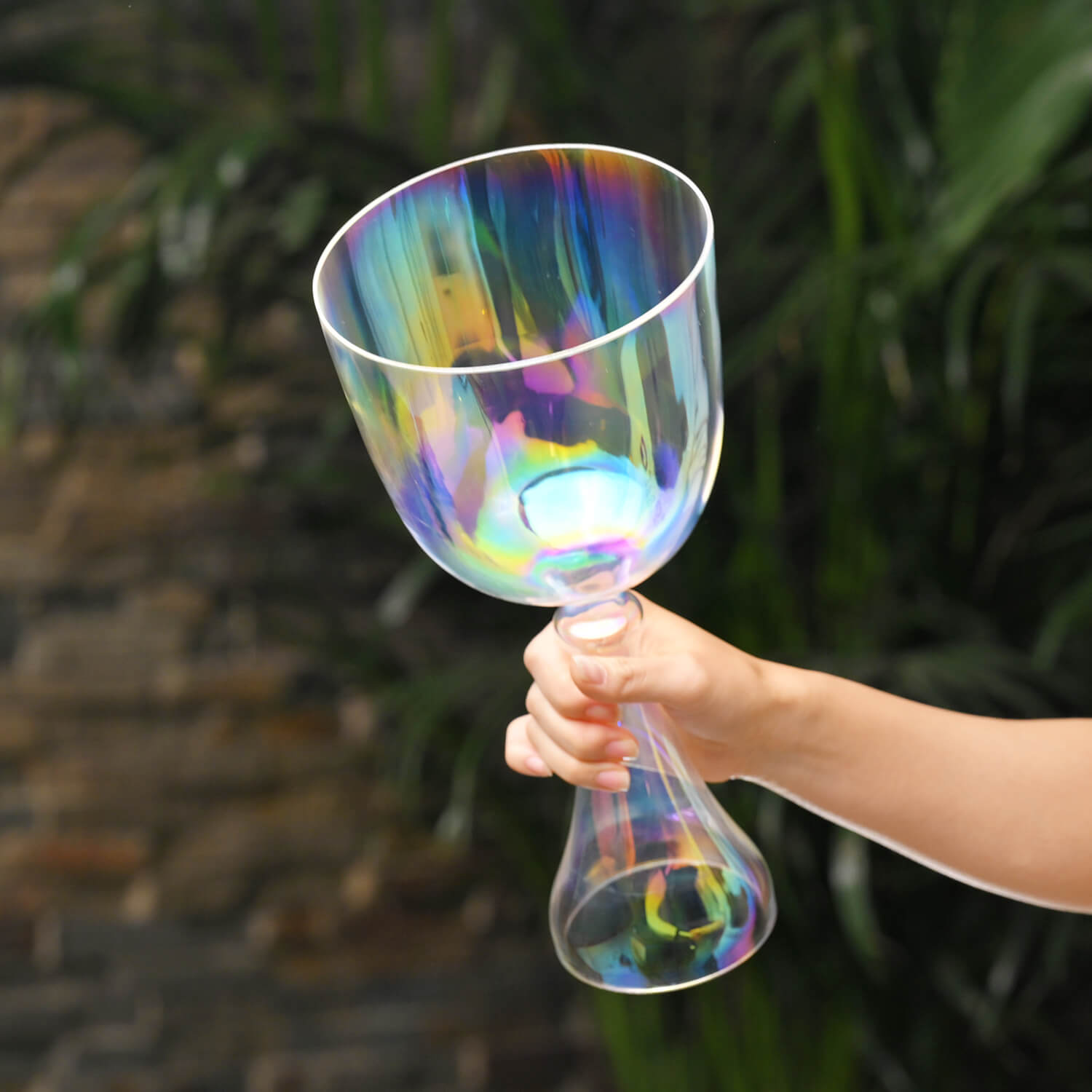 Iridescent Quartz Crystal Chalice Bowl with Handle reflecting rainbow colors