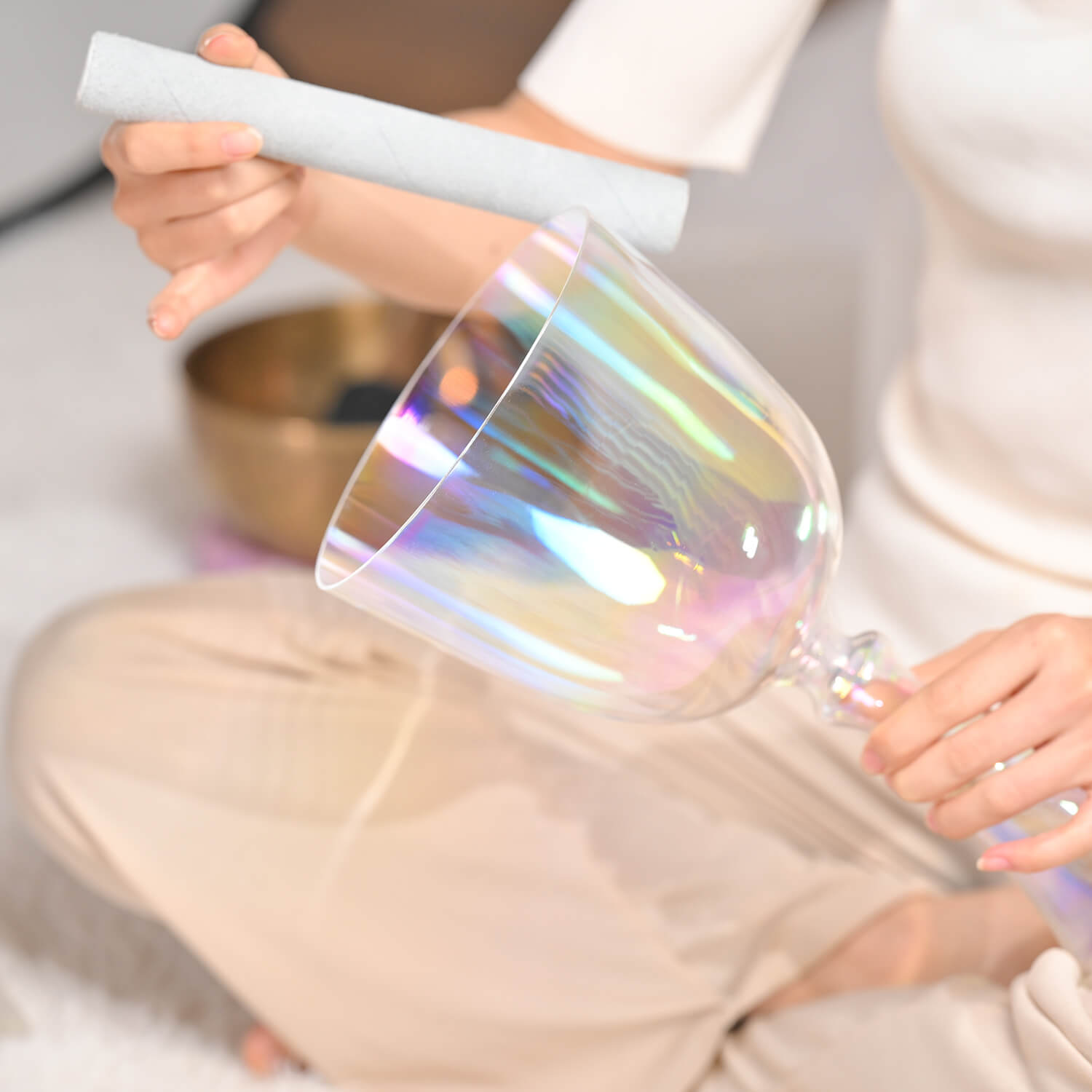 Iridescent Quartz Crystal Chalice Bowl with Handle featuring a rainbow pearlescent finish