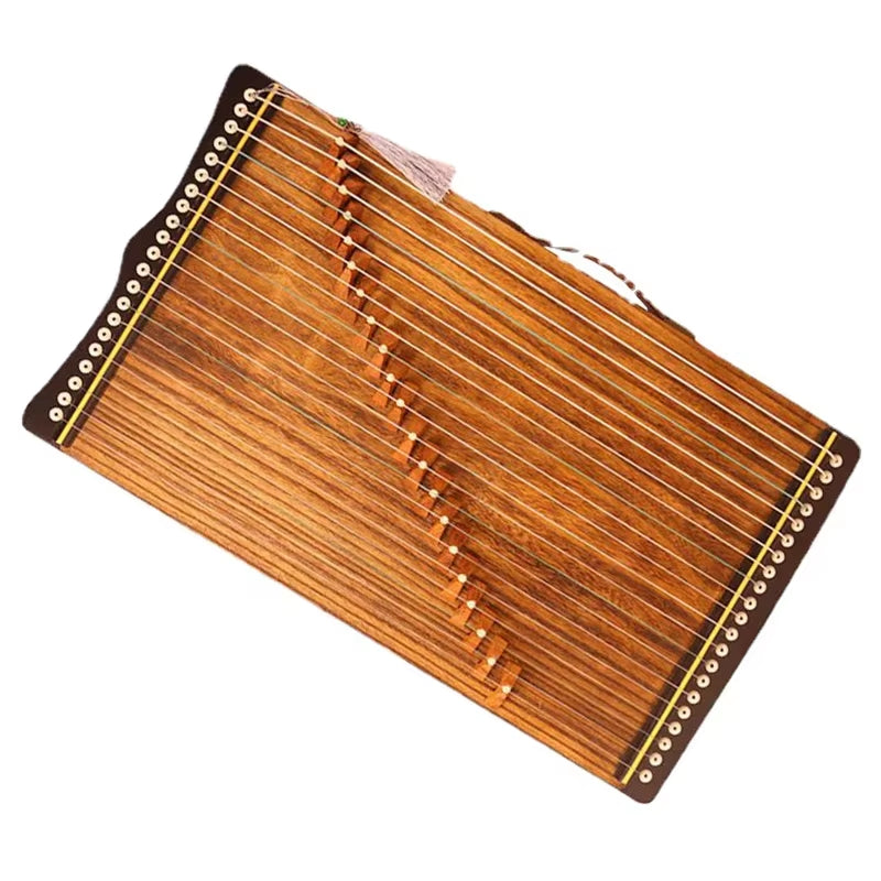 Traditional wooden 21-string Guzheng with rectangular body and multiple strings