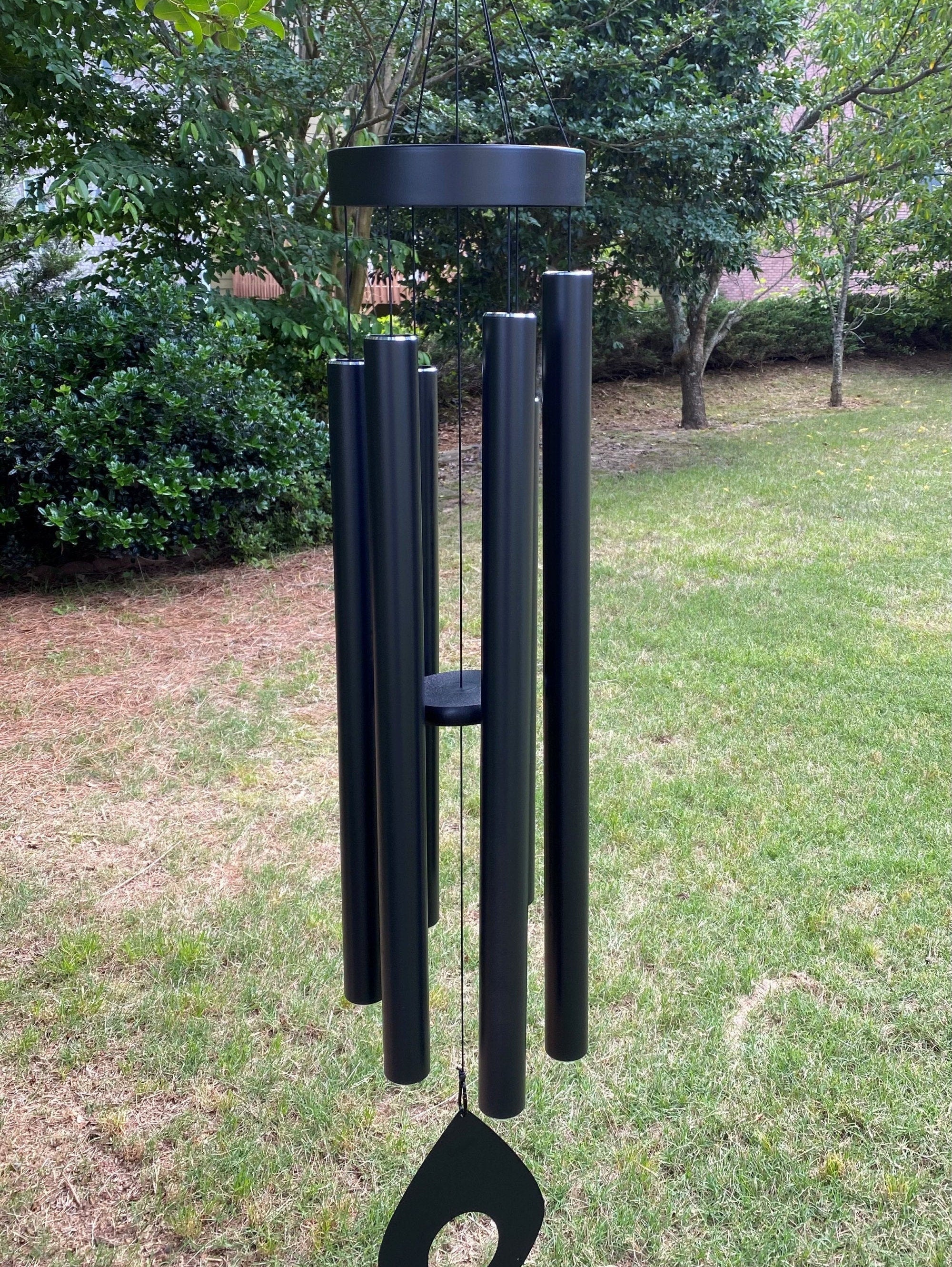 Black metal wind chimes with tubular bells on a circular top, 60 inch large deep tone design