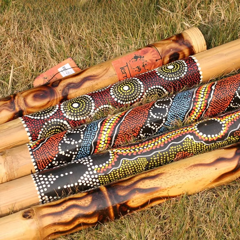 Decorated didgeridoo with Aboriginal dot painting on Bamboo Rain Stick Percussion Instrument