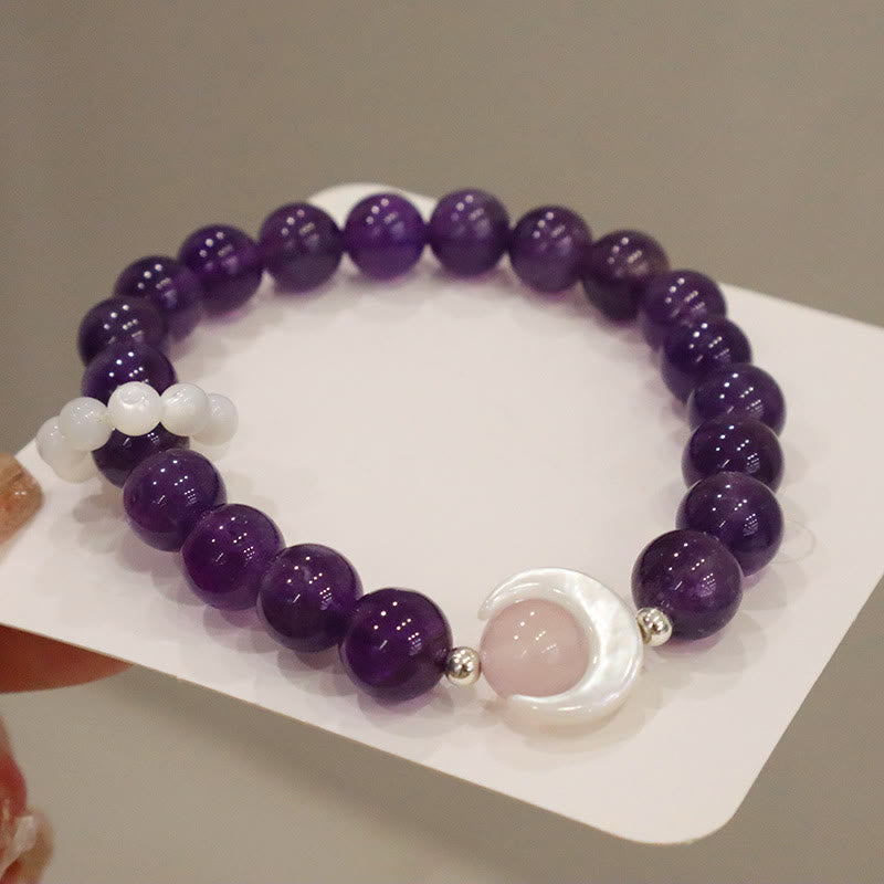 925 Sterling Silver Amethyst Crescent Moon Healing Bracelet