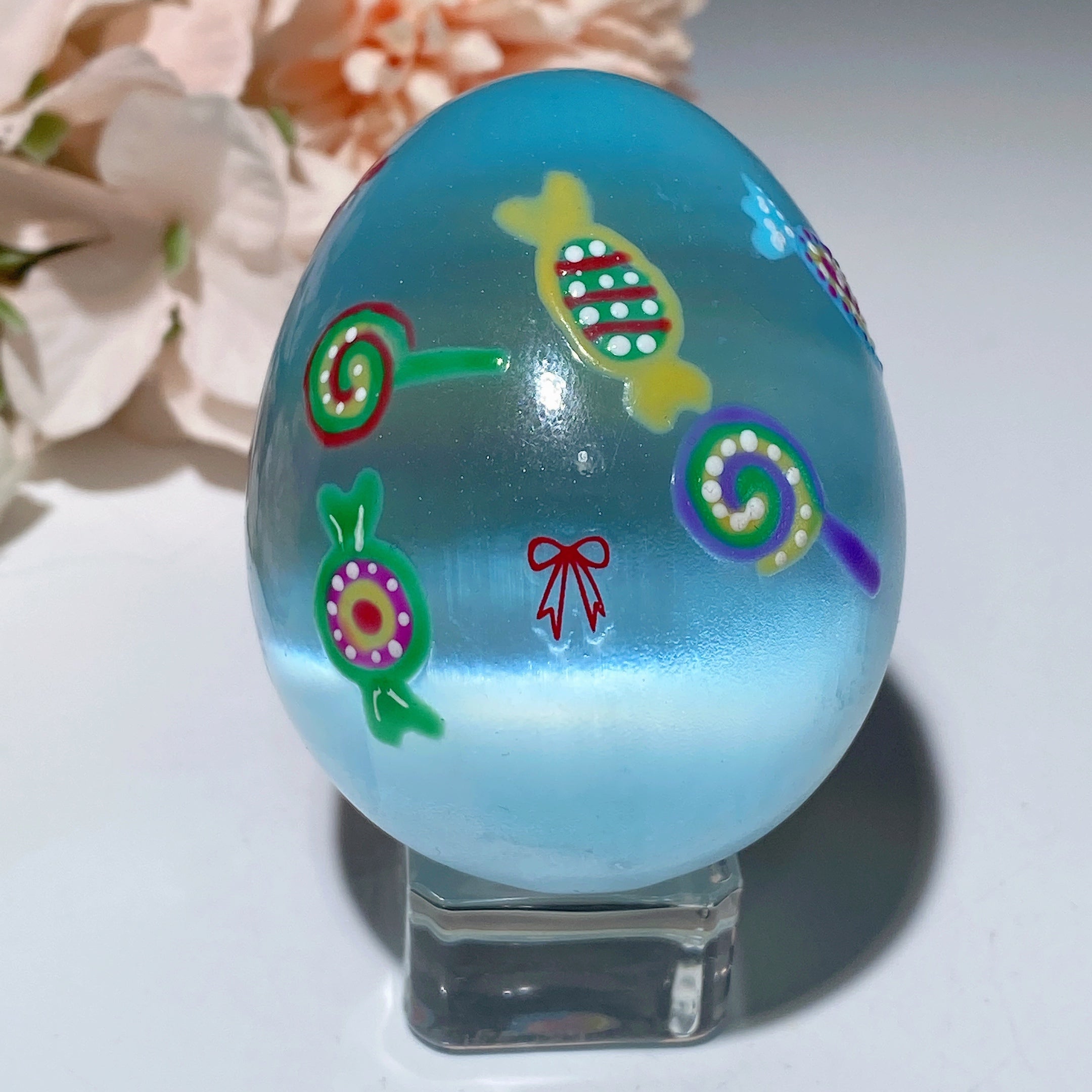 60mm Aura Pink Blue Selenite Hand-Painted Crystal Egg