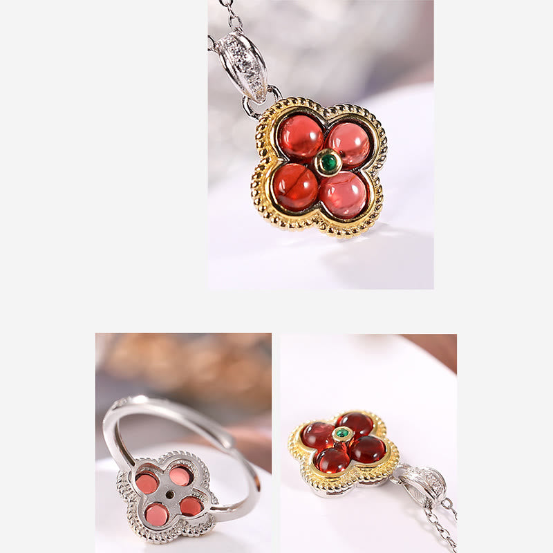 925 Sterling Silver Garnet Four-Leaf Clover Protection Necklace & Ring Set