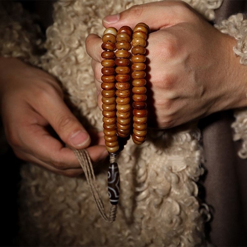 Yak Bone Protection Bracelet with Three-eyed Dzi Bead - 108 Beads
