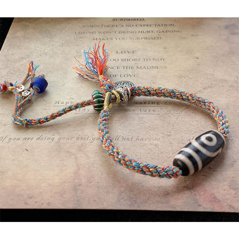 Om Mani Padme Hum Bracelet | Tibetan Dzi Bead Silver Braid