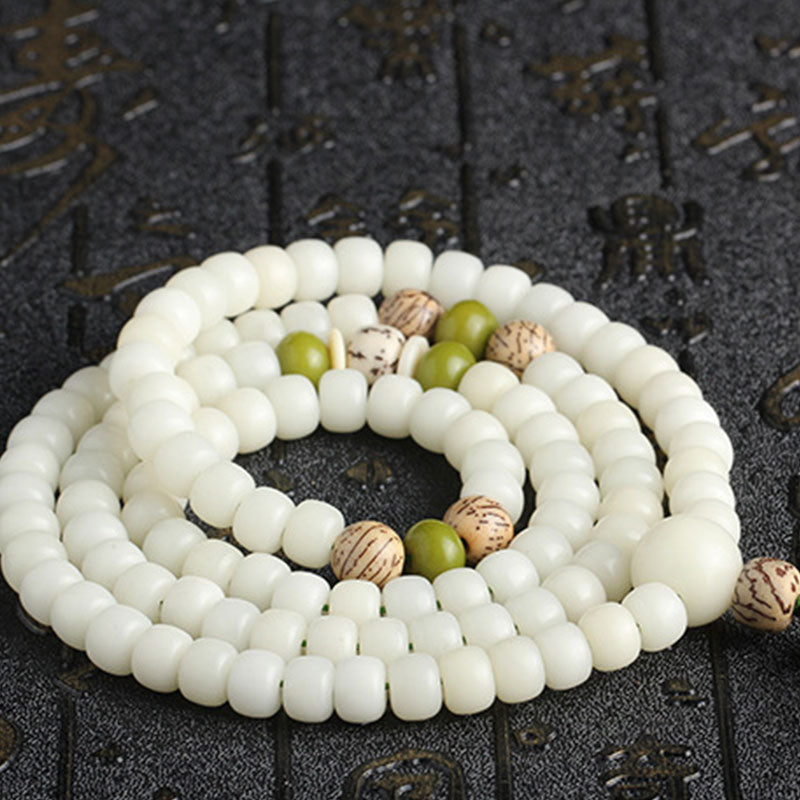 7x9mm White Jade Bodhi Lotus Mala Harmony Bracelet