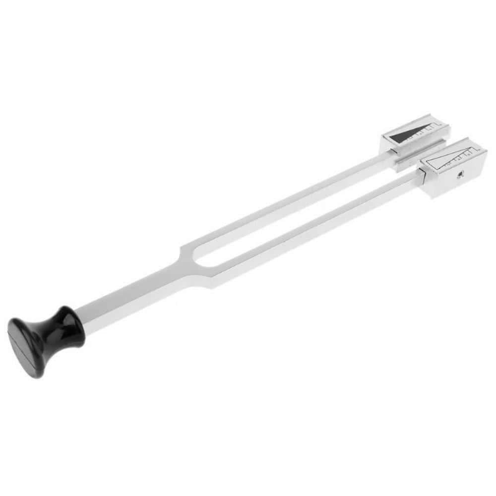 Medical tuning fork with metal stem and black rubber base for healing at 64 Hz and 128 Hz