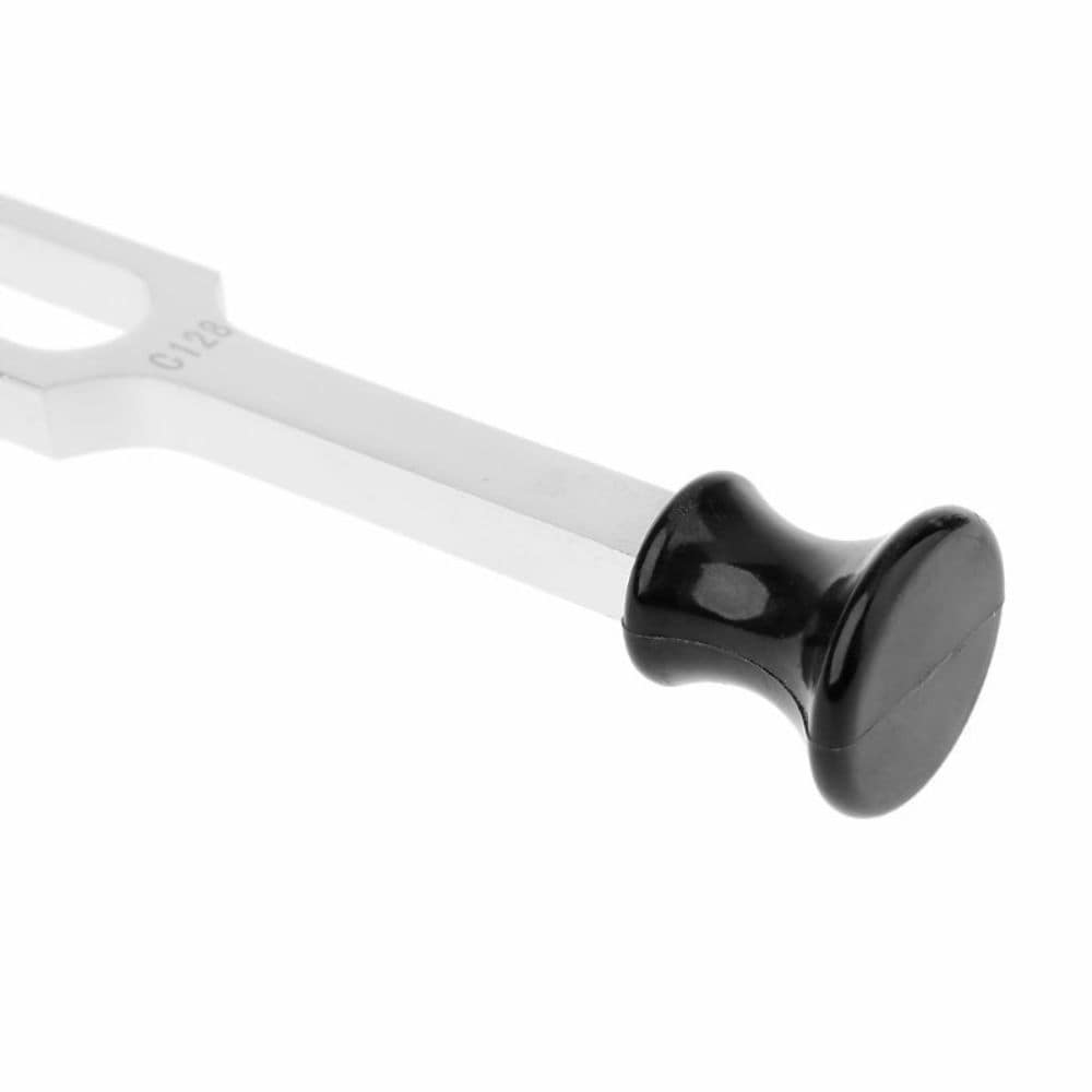 White curtain rod with black decorative finial for 64 Hz & 128 Hz Tuning Forks