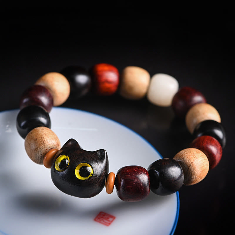 Ebony Wood Protection Bracelet with Small Leaf Red Sandalwood Cat Charm