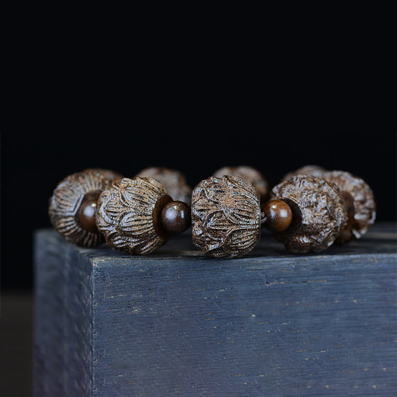 Ebony Wood Balance Bracelet with Lotus Dragon & Arhats