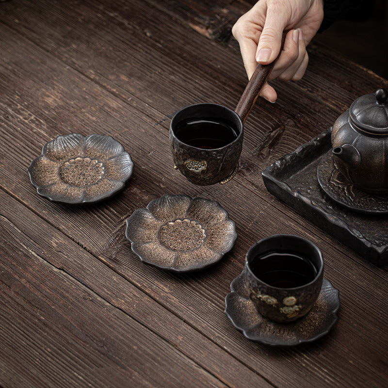 Vintage Lotus Flower Ceramic Tea Mat 9.8cm Brown | Zen Decor
