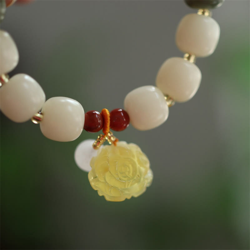 Unisex Lotus Bracelet with Bodhi Seed, Amber & Red Agate Beads