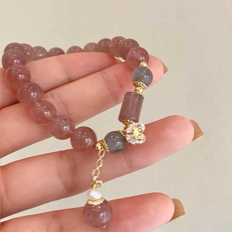 Strawberry Quartz Charm Bracelet with Zircon Flower for Love
