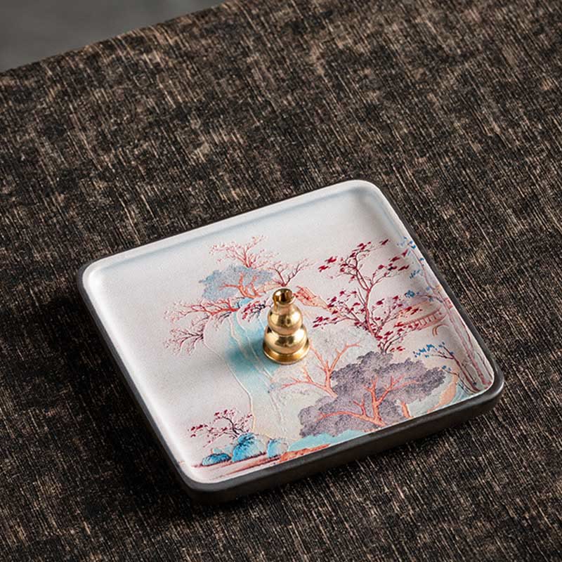 Ceramic Incense Burner Tray with Mountain Lake Flower Leaf Design