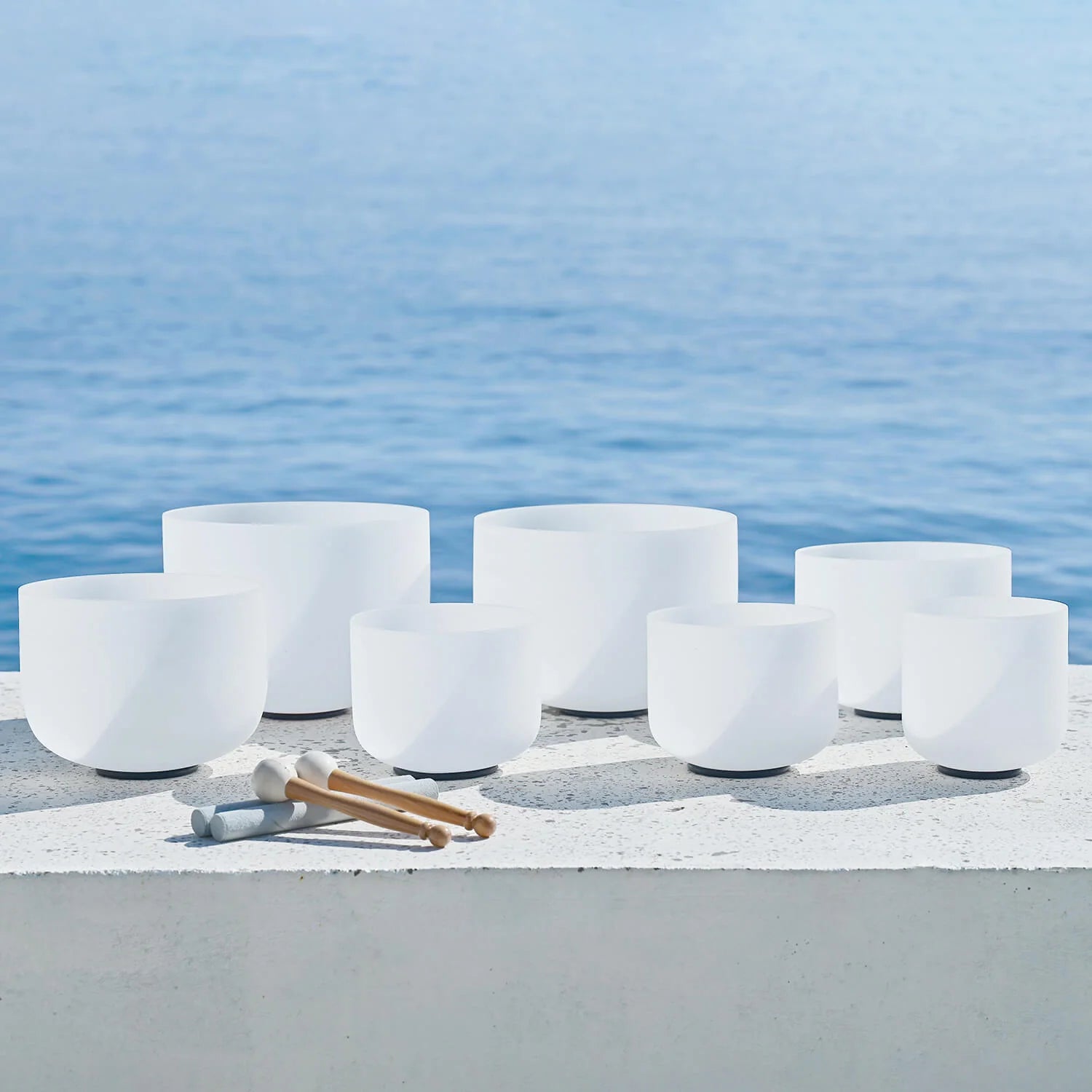 7-Piece White Crystal Singing Bowl Set for Sound Healing
