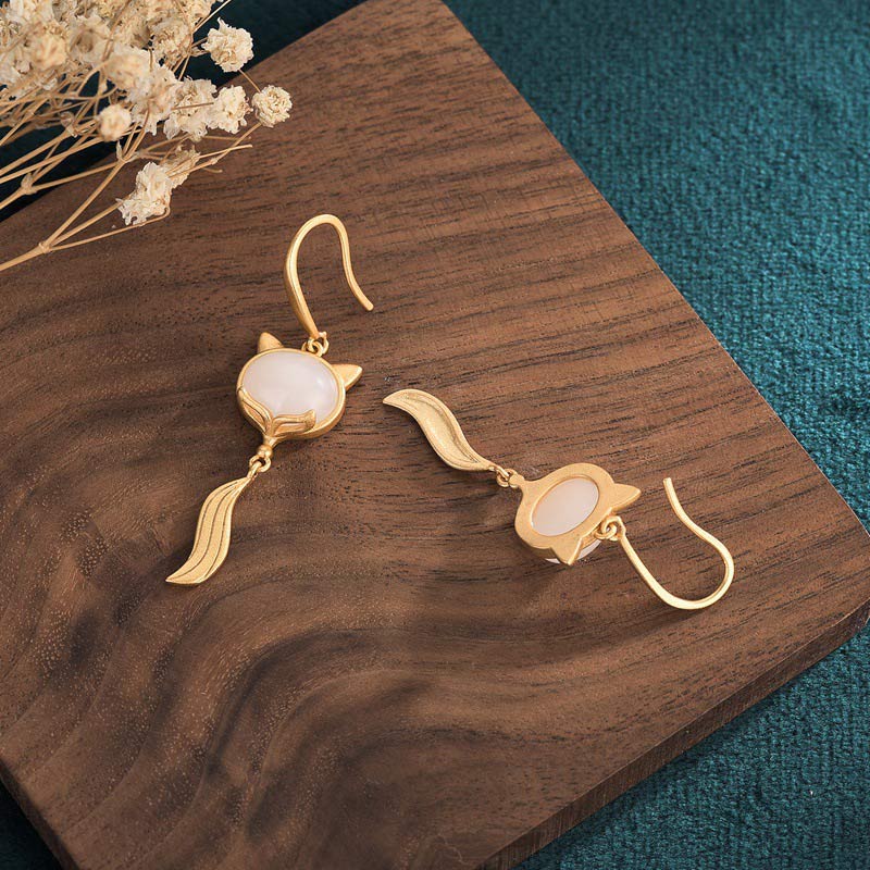 FengShui White Jade Fox Fortune Earrings 45mm Drop