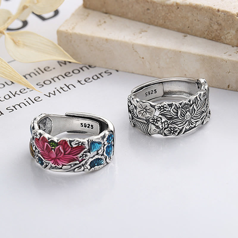 Adjustable Sterling Silver Koi Fish Lotus Prosperity Ring
