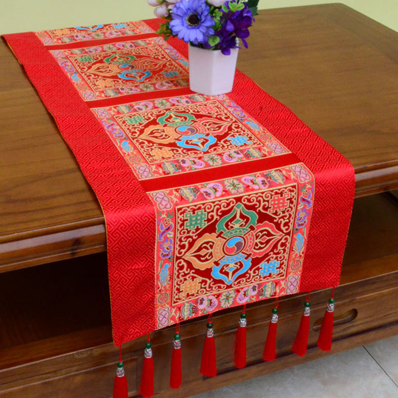 Meditation Altar Mat with Tibetan Vajra and Auspicious Symbols, 95x33cm