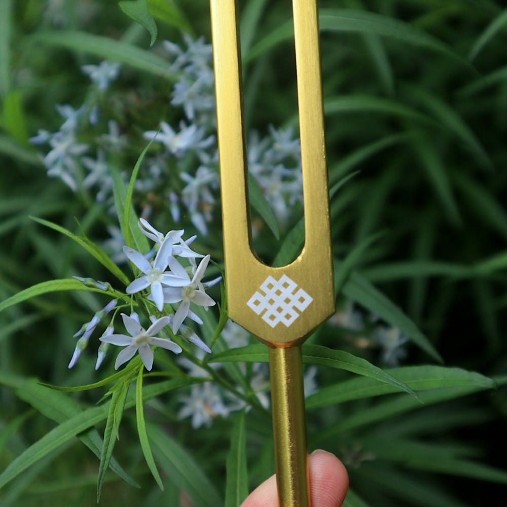 Golden tuning fork with endless knot symbol for Biofield Healing Therapy, Earth Star