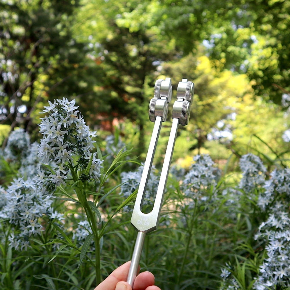 Metal tuning fork held in hand against a lush garden for Earth Star healing therapy