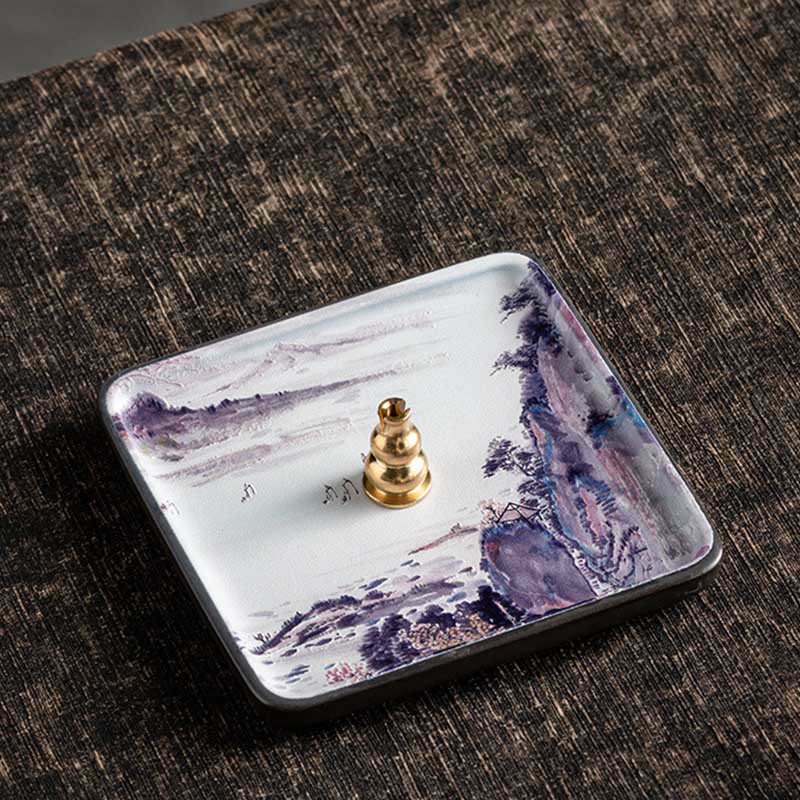 Ceramic Incense Burner Tray with Mountain Lake Flower Leaf Design