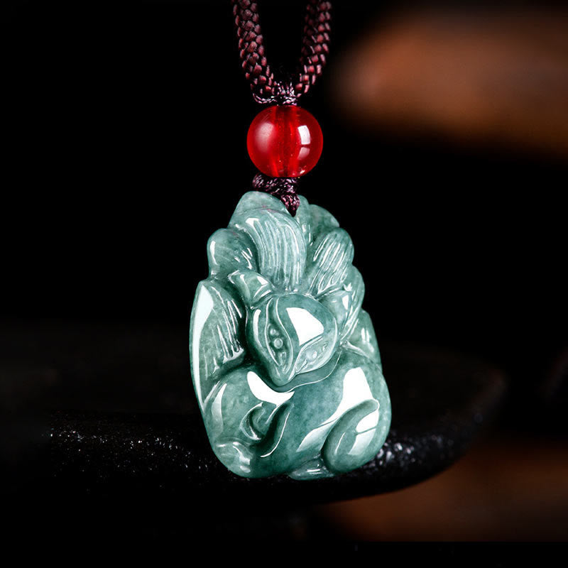 Natural Green Jade Nine-Tailed Fox Prosperity Necklace
