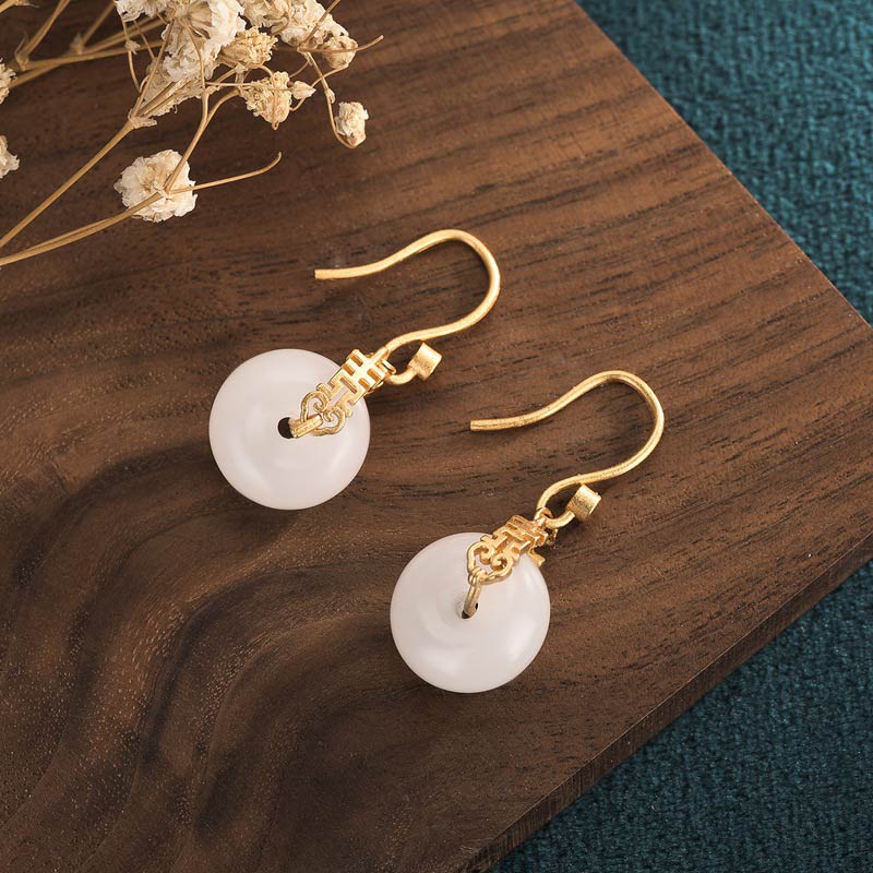 White Jade Double Happiness Fortune Earrings 1.34in Drop
