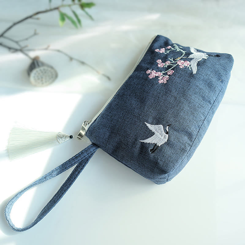 Canvas Wallet with Plum Cherry Crane Embroidery | Compact 21x13cm