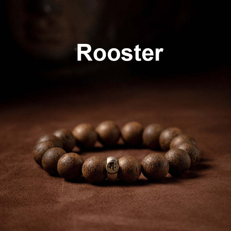 Natural Agarwood Chinese Zodiac Peace Bracelet 12mm Beads