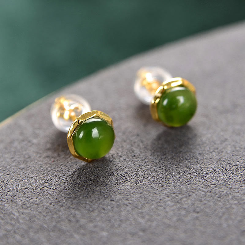 8mm Cyan Jade Stud Earrings in Sterling Silver Gold Plated for Luck