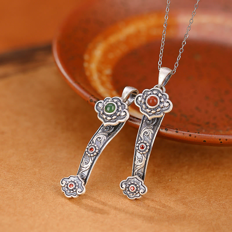 925 Sterling Silver Jade Necklace with Ruyi Handle for Blessings