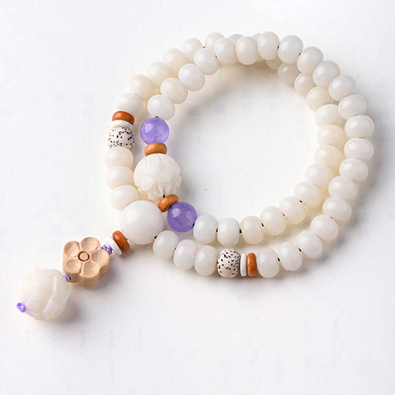 Unisex Lotus Bracelet with White Jade, Bodhi Seed & Blessings