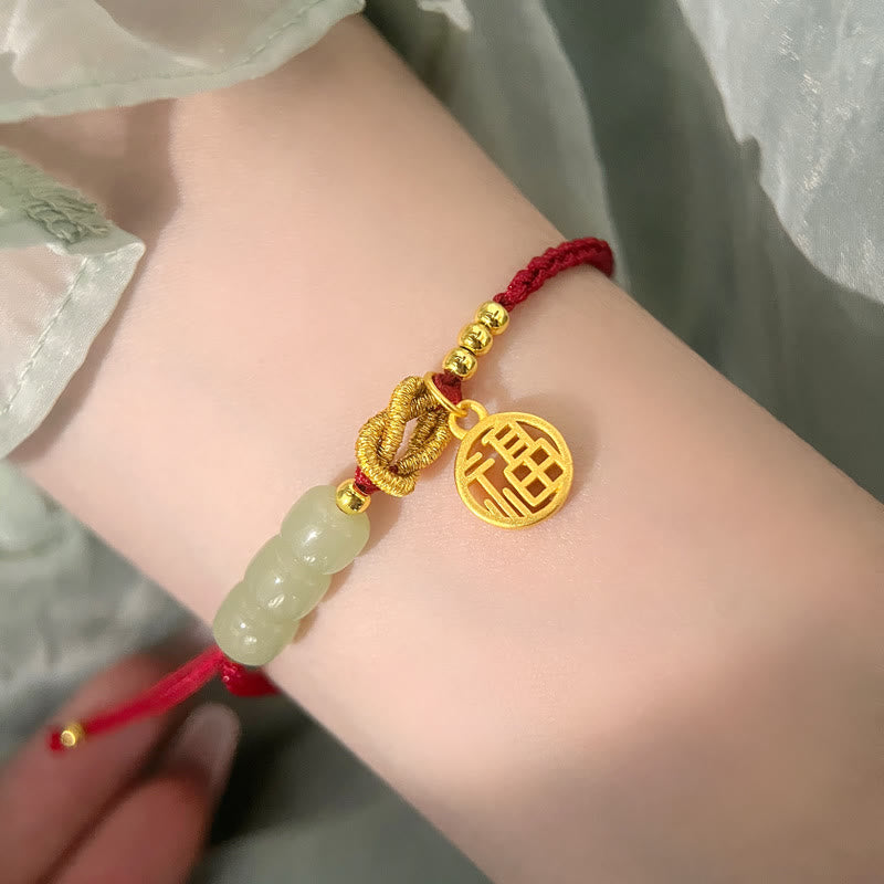 Jade Bead Bracelet with Fu Charm on Red Rope for Luck & Prosperity