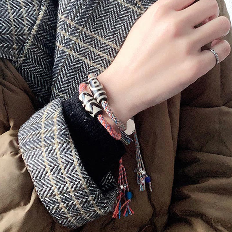 Om Mani Padme Hum Bracelet | Tibetan Dzi Bead Silver Braid