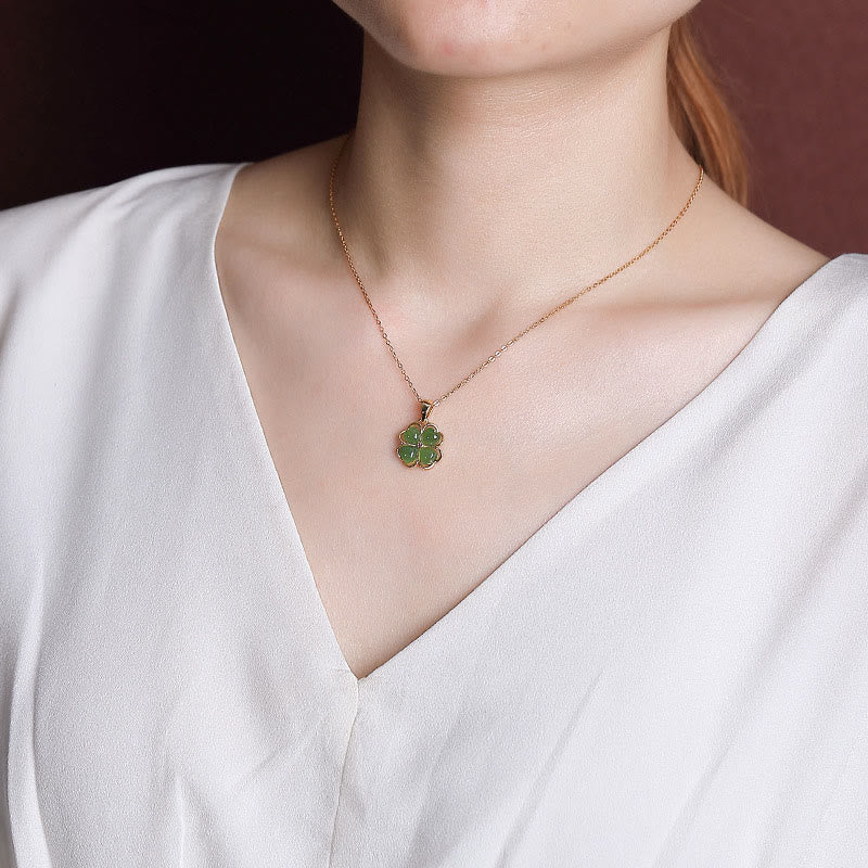 Silver Hetian Cyan Jade Lucky Four Leaf Clover Necklace
