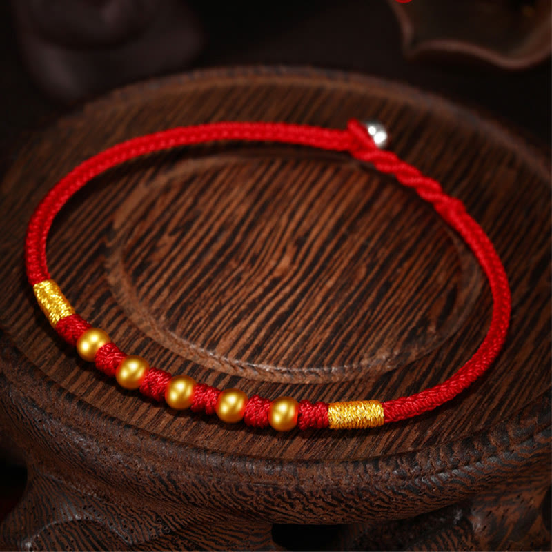 Handmade Red String Bracelet with 999 Gold Beads and King Kong Knot for Protection