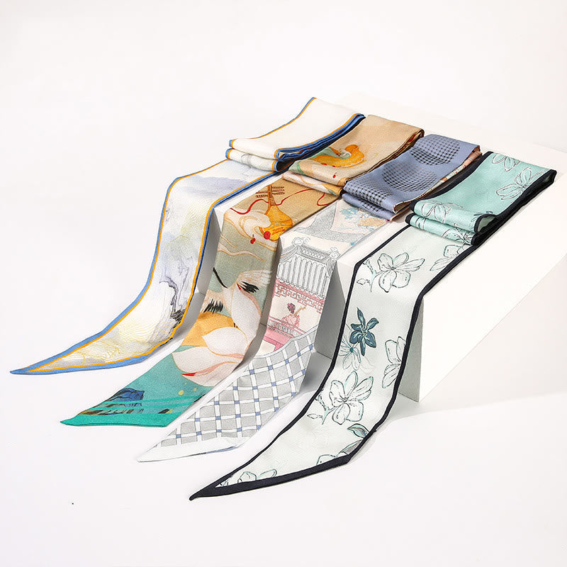 6cm x 125cm Mulberry Silk Twilly Scarf | Dunhuang Frescoes Sunset Pattern