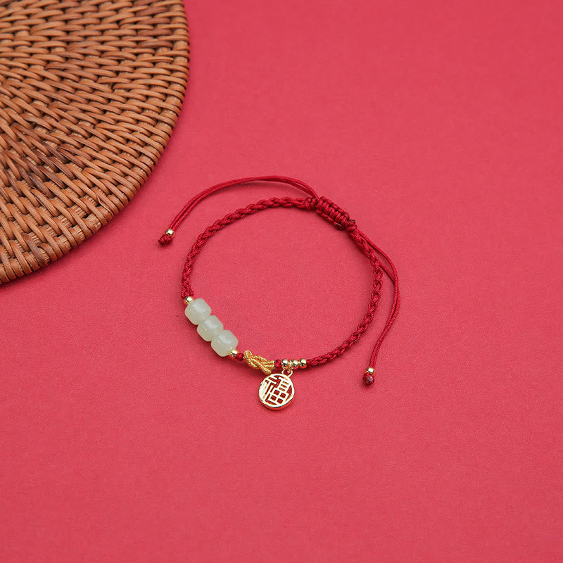 Jade Bead Bracelet with Fu Charm on Red Rope for Luck & Prosperity