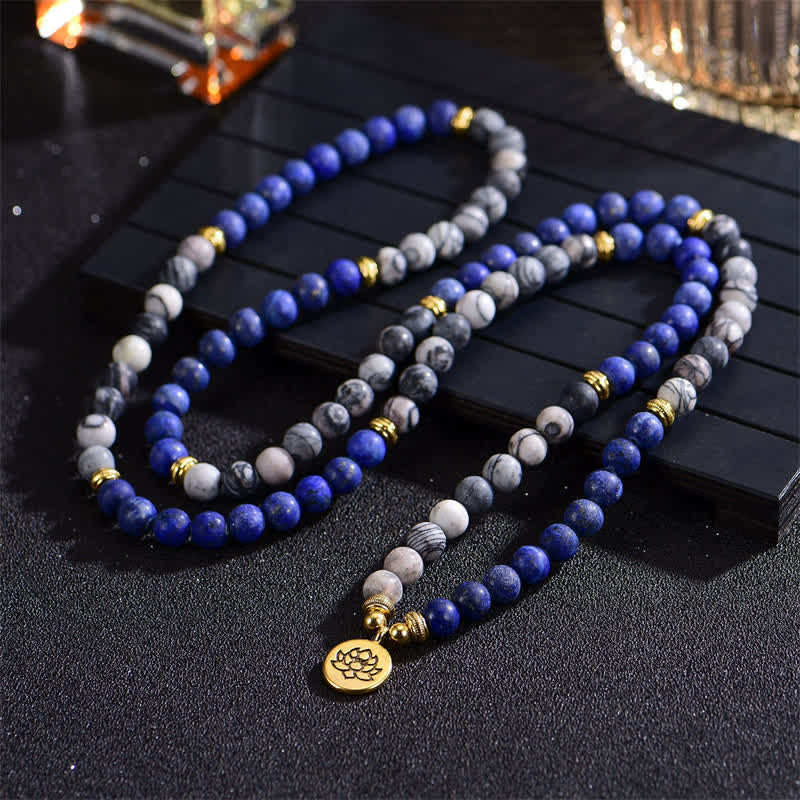 8mm Lotus Lotus Bracelet with Lazurite and Picasso Jasper for Balance