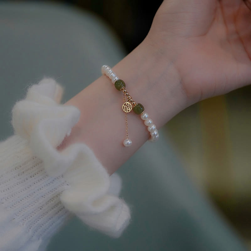 Hetian Jade Pearl Bead Bracelet for Happiness & Wisdom
