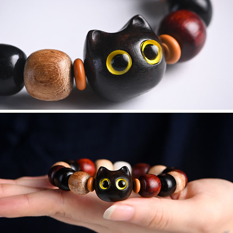 Small Leaf Red Sandalwood Protection Bracelet with Cute Cat Engraving