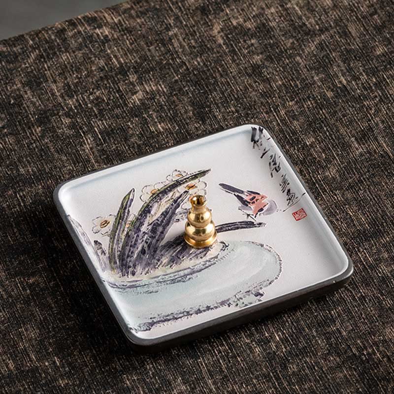 Ceramic Incense Burner Tray with Mountain Lake Flower Leaf Design