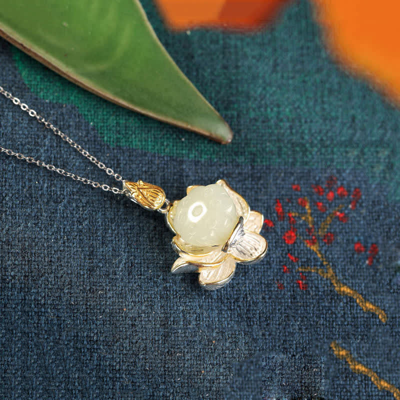 White Jade Lotus Flower Happiness Protection Necklace